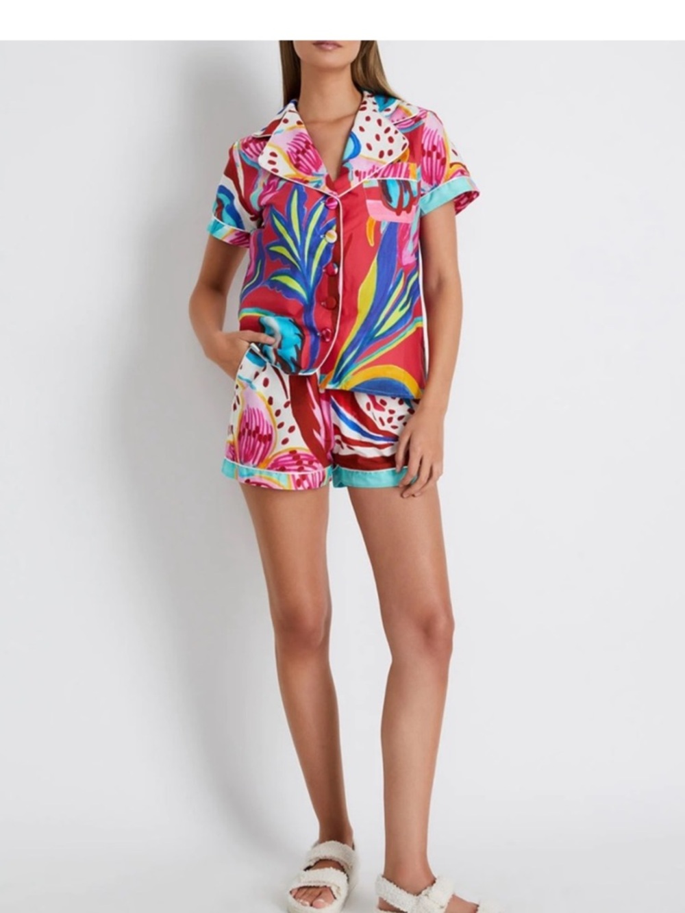 PatBO Bright Pink Tropical Print Pajama Set with Teal & Yellow Accents